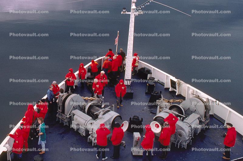 Ships Bow, people in red jackets