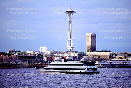 Ferryboat, Ferry, buildings, Space Needle, Seattle Harbor