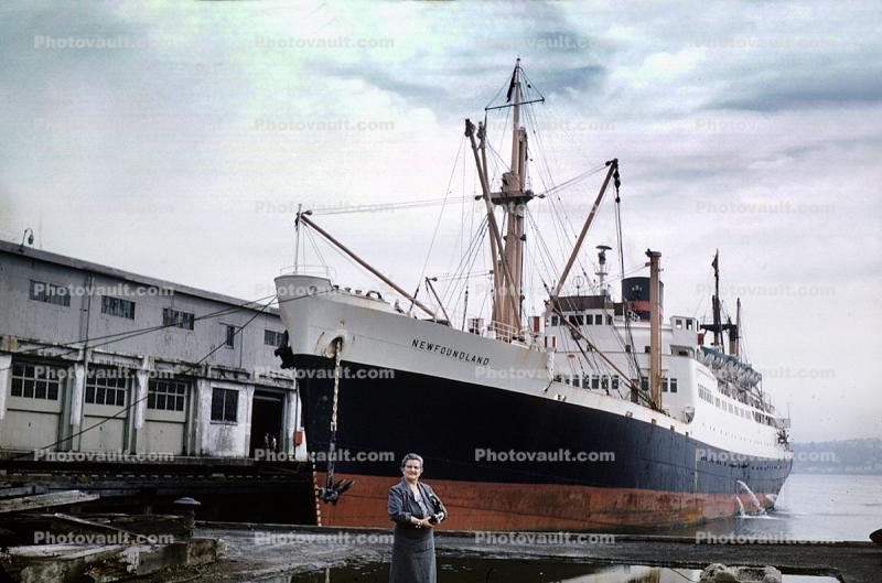 Cruise Ship RMS Newfoundland, Furness Line, Halifax, Bow, cranes, Ocean Liner Ship, 1930s, 1950s