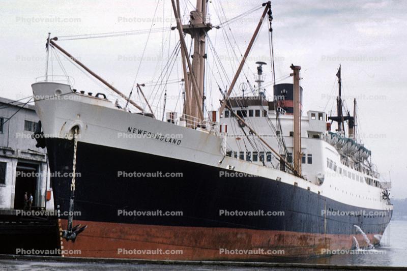RMS Newfoundland, Furness Line, Halifax, Bow, cranes, anchor, dock, pier, Ocean Liner, 1930s, 1950s