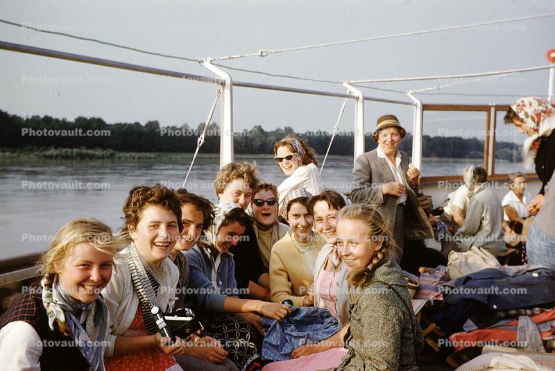 Girls Laughing on a Boat, party, 1950s
