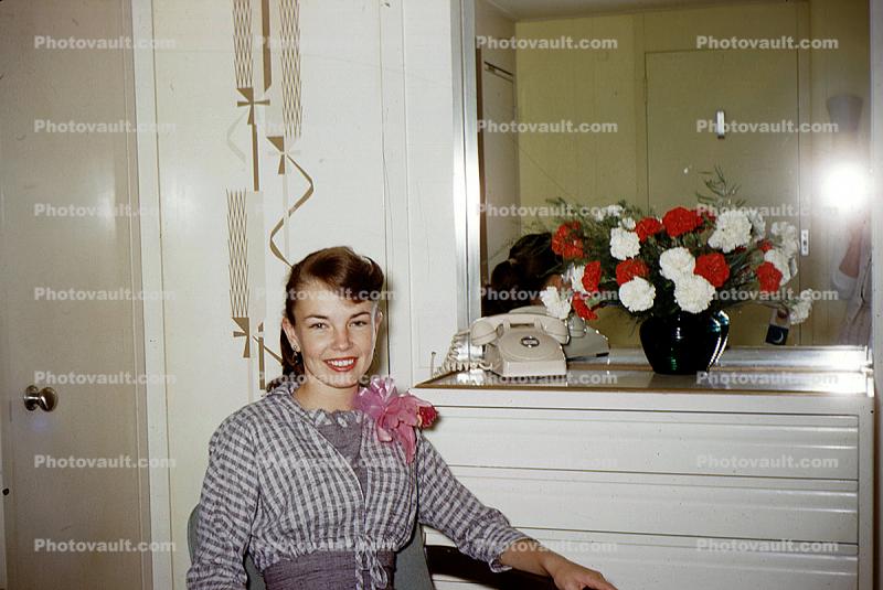 Girl in a Cruise Ship Cabin, Telephone, 1950s