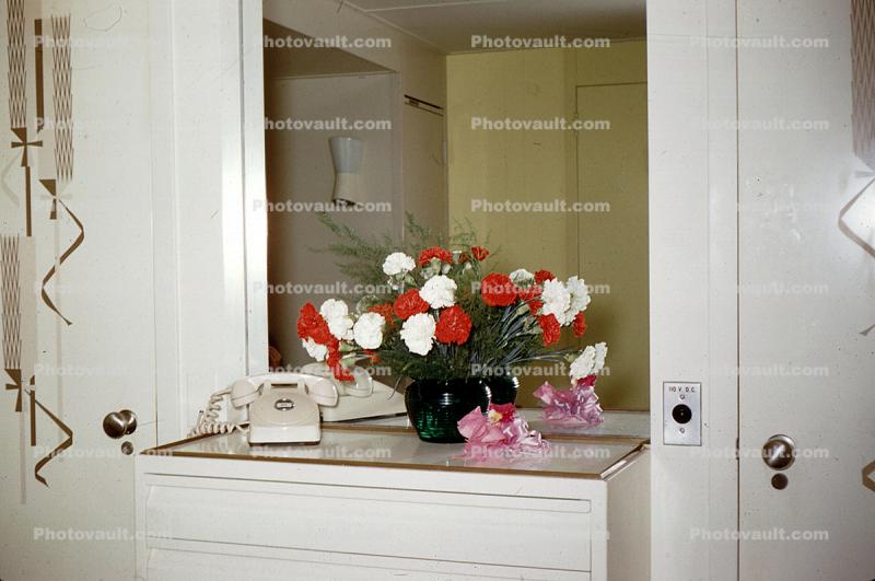 Telephone, flower vase, corsage, 1950s