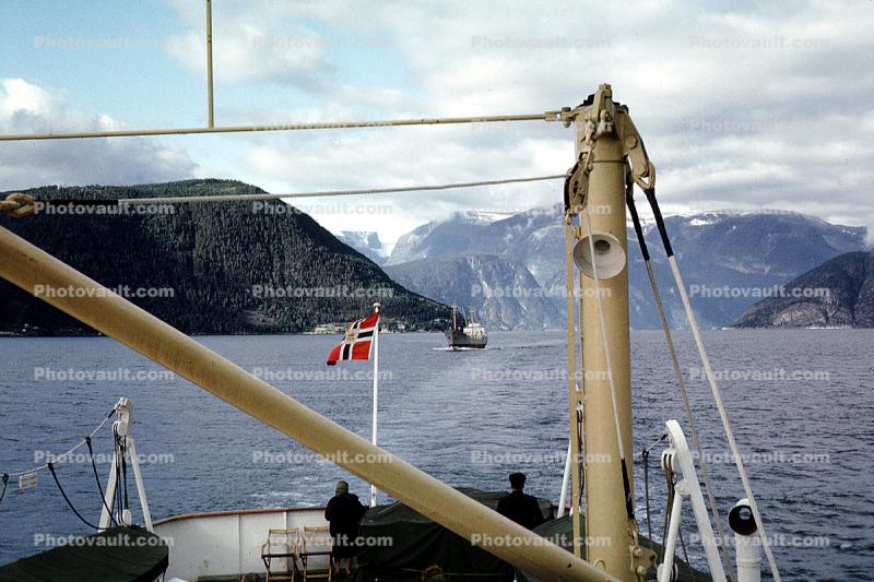 Fjords, crane, flag, mountains, coastal, coastline, September 1964, 1960s