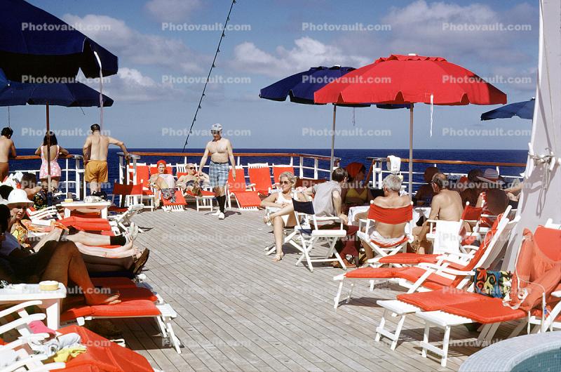 Lounge Chairs, Umbrellas, teak wood, Sun Deck, Stella Oceanis, Vittoria, Docks, Cruise Ship, IMO: 6413170, 1972, 1970s