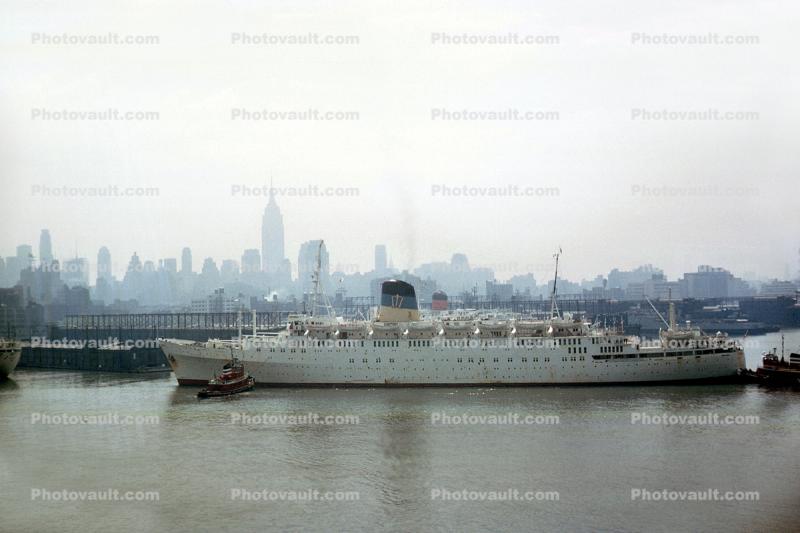 SS Olympia, IMO 5262835, Greek Line, skyline, Dock, towboat, 1968, 1960s