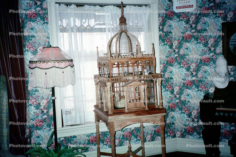 American Queen, Ladies Parlour, bird cage, birdcage, drapes, lamp, window, wallpaper