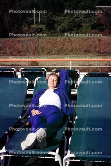 Woman, Sunning, Lounge Chair, Neckar River