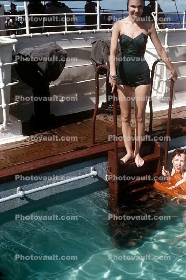 Ladder, Lady, Swimming Pool, 1950s