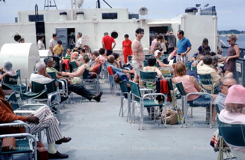 Fear Deck, lounge chairs, Passengers, Martha's Vineyard, Massachusetts, 1960s