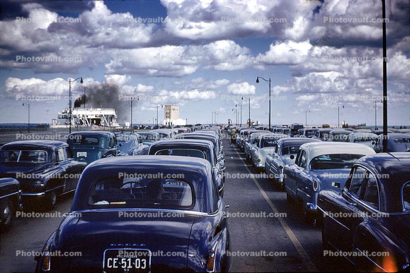 Cars lined up to board the Ferryboat, Automobile, Vehicles, 1953, 1950s