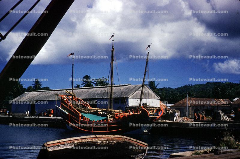 Docks, warehouse, buildings, Tobago, August 1959, 1950s