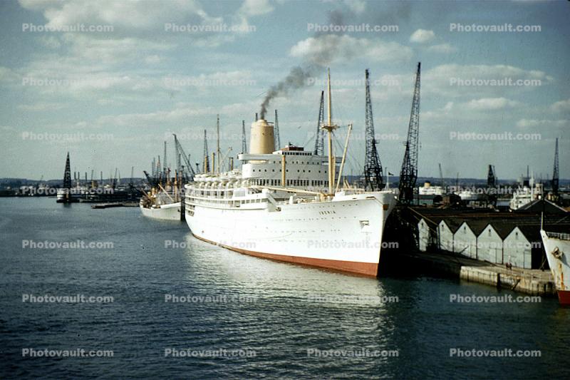 SS Iberia, Pier, smoke, cranes, harbor, ocean liner, Himalaya-class cruise ship, July 1959, 1950s