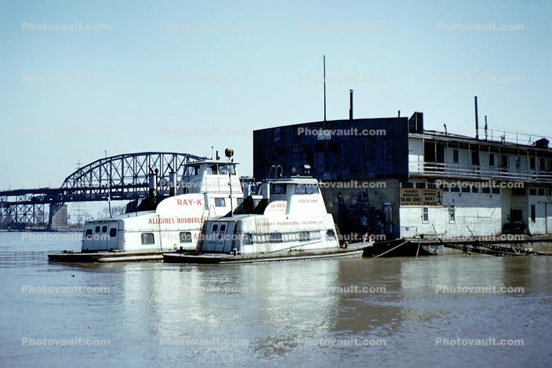 rudderless tugs, tugboats, pier, dock, towboat, 1952, 1950s