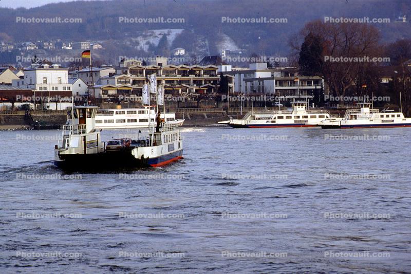 Car Ferry, Ferry, Ferryboat, (Rhein), Rhine River, 1986, 1980s