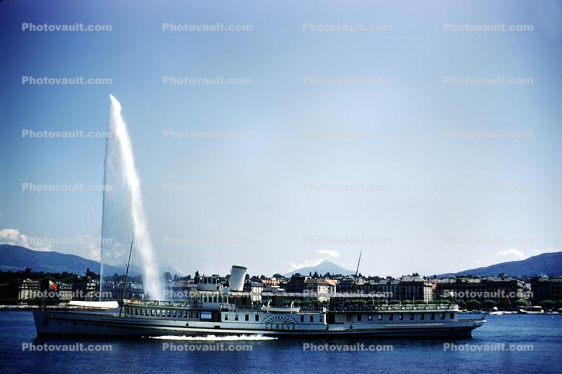 SS Geneve, Water Fountain, aquatics, steamer, Geneva, Lake, July 1956, 1950s