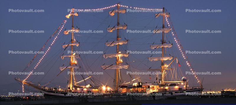 Pallada, three-masted full-rigged ship, three-masted frigate, Russian, Russia, Docks, Twilight, Panorama, Dusk, Dawn
