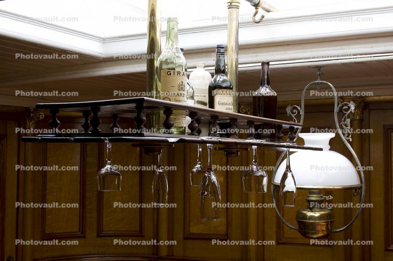 Captains Room, Wine Bottles, Glasses, lamp