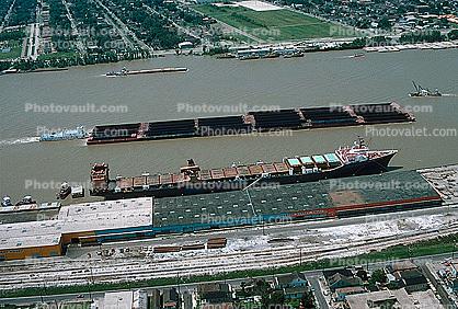 Matson Containership, Tugboat, Pusher Tug, Dock, Barges, tugboat, railroad tracks, water, buildings, Boat, Port, Docking structure
