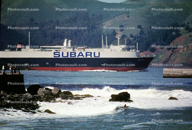 Subaru, car transport, carrier, San Francisco Bay, Fort Point, Waves, Rocks, Surfer