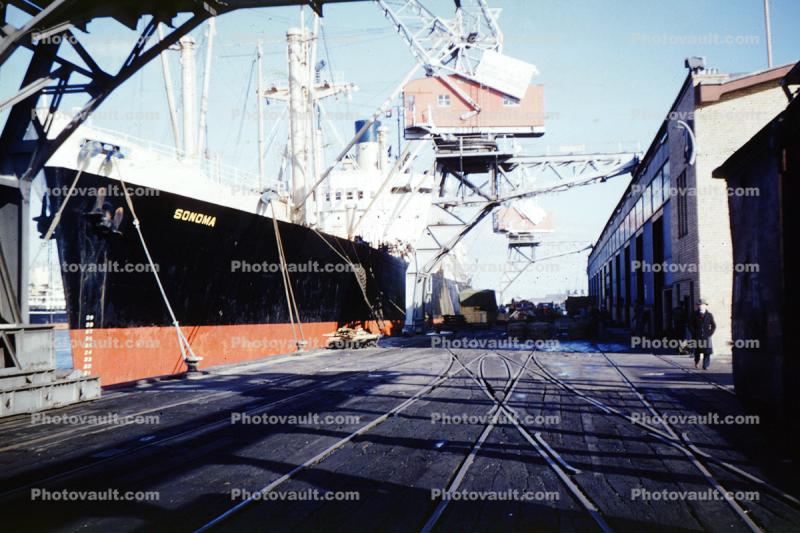 SS Sonoma, Dock, Freight Ship, Crane, 1950s
