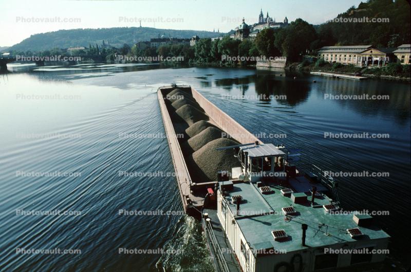 Barge, Vltava River, Prague, Gravel, Crushed Rock