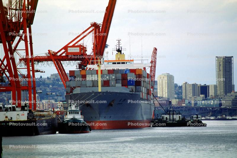 Donghe, IMO 8806101, Seattle Harbor, Gantry Crane, Dock, Harbor, tugboat, buildings