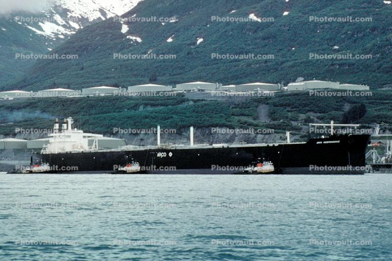 Alaska Pipeline Terminus, Valdez, Dock, Harbor, Arco Independence, IMO: 7390076, Supertanker, Tug Boats, oil storage tanks