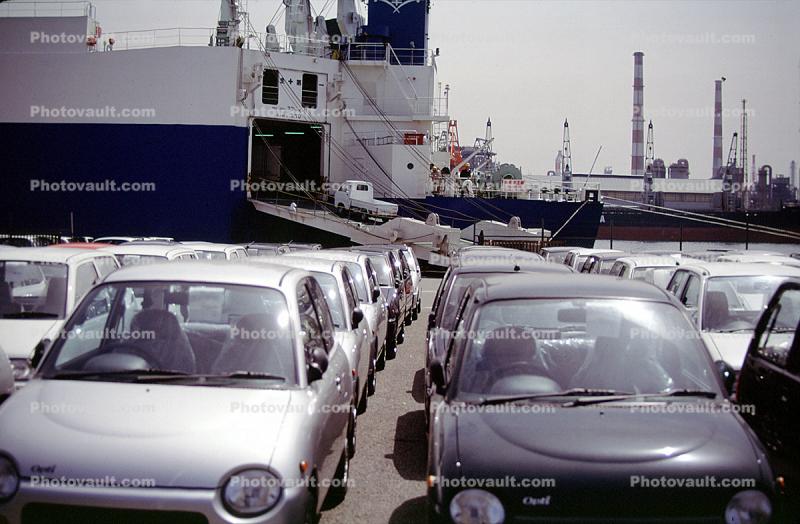 Onloading of cars, Car Carrier, Ro-Ro, Roro, Port of Chiba, Japan
