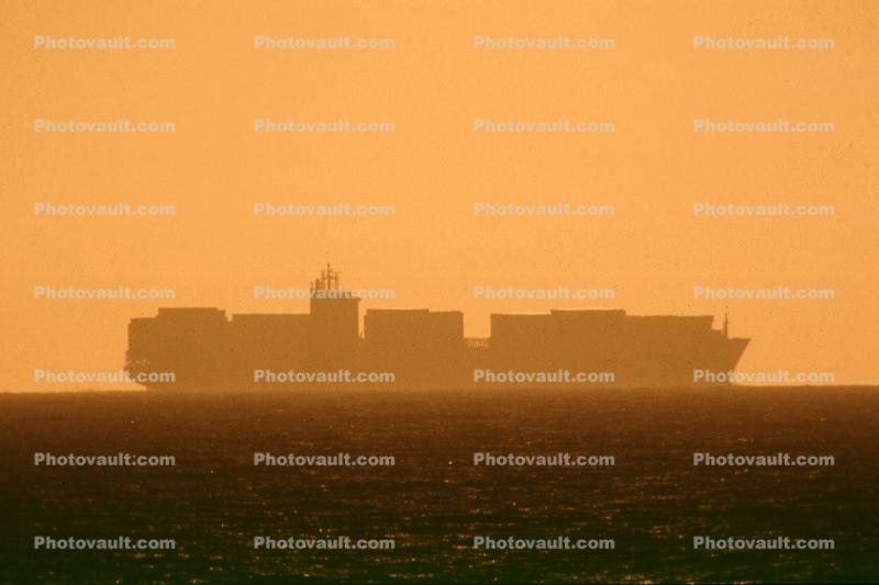 Container Ship, sunset, Pacific Ocean