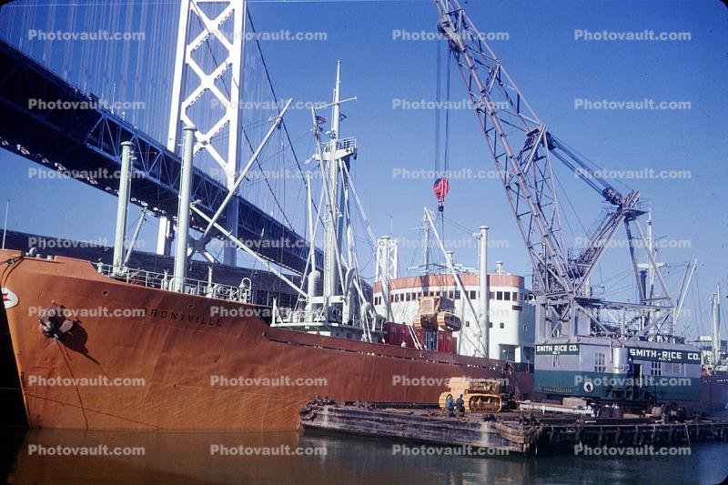 Bronxville, San Francisco Oakland Bay Bridge, redboat, redhull, Smith-Rice Co., Crane, Barge, 1970, 1970s