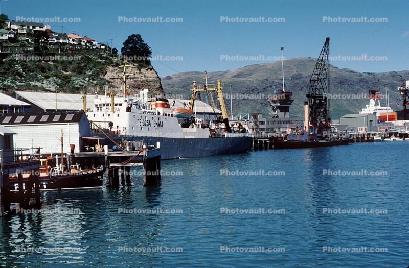EMWJ, NB-0254, Lyttelton Harbor, Dock, crane, waterfront, 1984, 1980s
