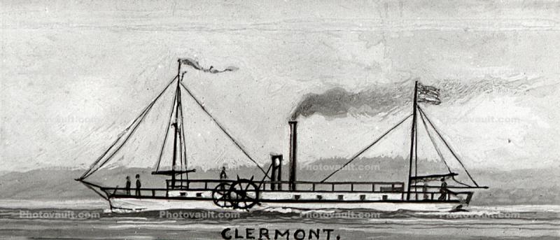 Clermont, Robert Fulton, Paddle wheel Steamboat, Panorama, 1950s