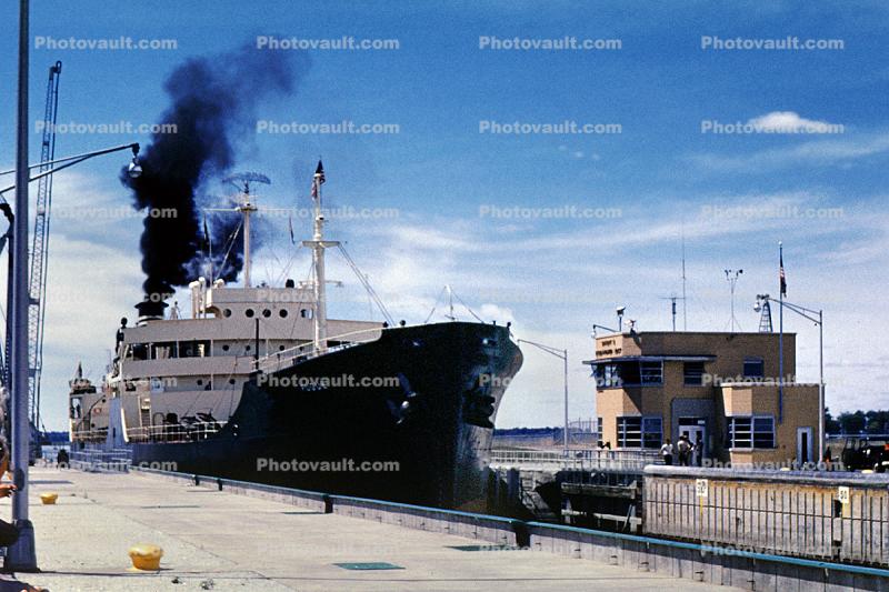 Fugue steamship, smoke, Dwight D. Eisenhower Lock, Canal Lock, Massena, New York, June 1960, 1960s