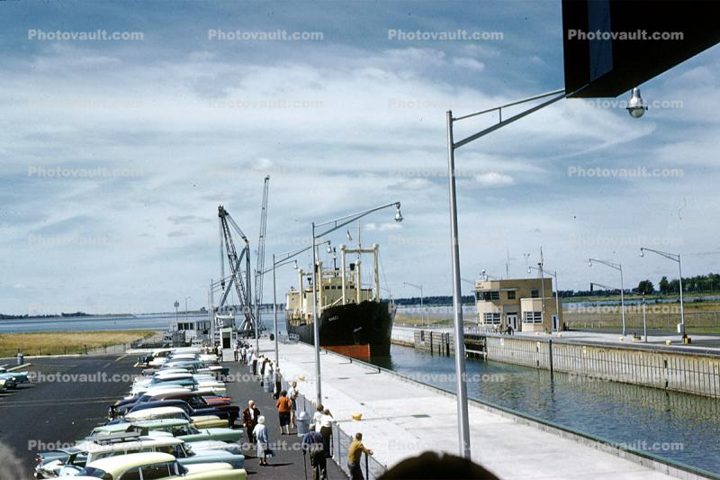 Dwight D. Eisenhower Lock, Canal Lock, cars, automobiles, vehicles, Massena, New York, June 1960, 1960s