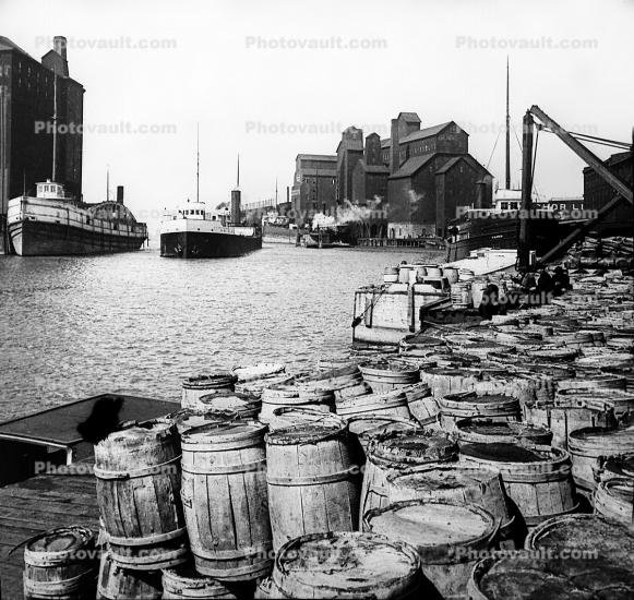 docks, barrels, harbor, buildings,1880s, 1950s