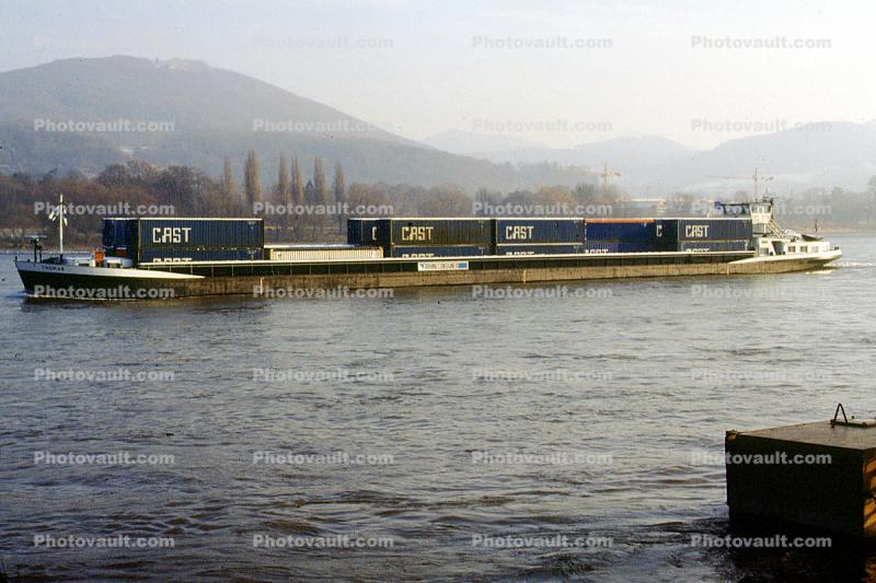 Thomar, CAST, Containers, Barge, Rhine River, (Rhein), Esso Duiesberg, Rheine, Statue of Germania