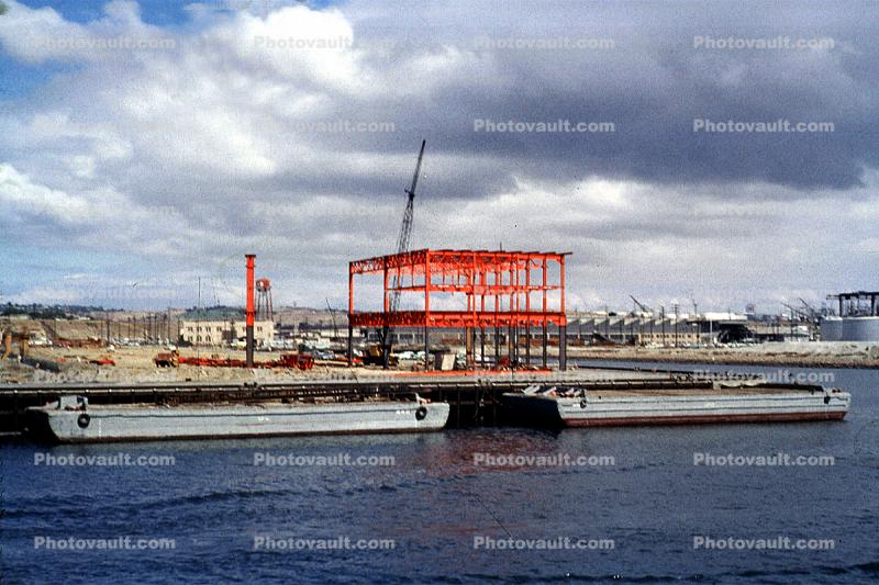Barges, dock, steel frame, crane, 1961, 1960s