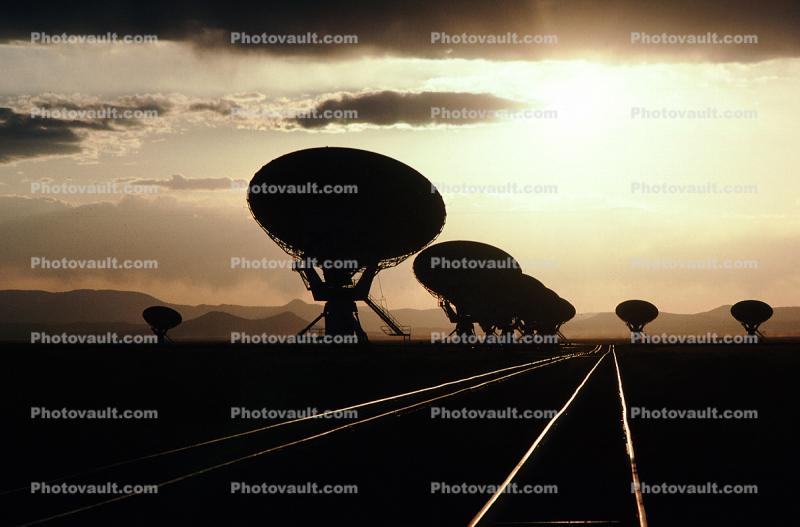 Radio Dish Antennas in the Sunset, Rail Tracks, VLA