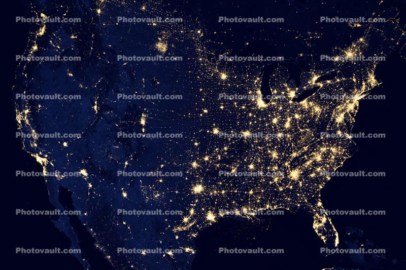 United States of America at Night, nighttime, city lights