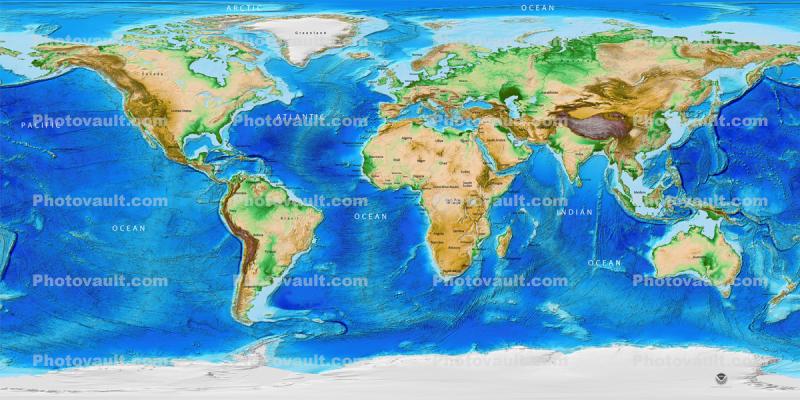 World Map, topographical of land masses and the oceans