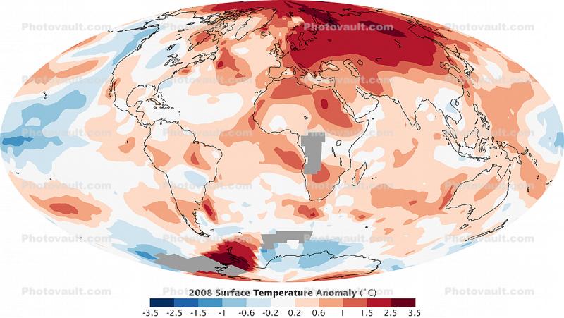 2008 Surface Temperature Anomaly, Worldwide measurements, 2008 compared to the 1950-1980 time period, world map, Climate Change