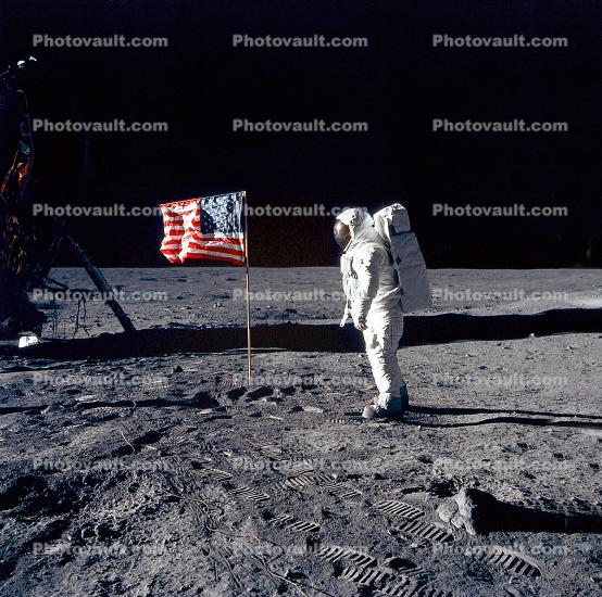 astronaut with American Flag, Walking on the Moon, Moonwalk, Walk, Footprints, Landing