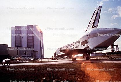 Space Shuttle Enterprise with tail shroud, VAB, Vehicle Assembly Building, Cape Canaveral