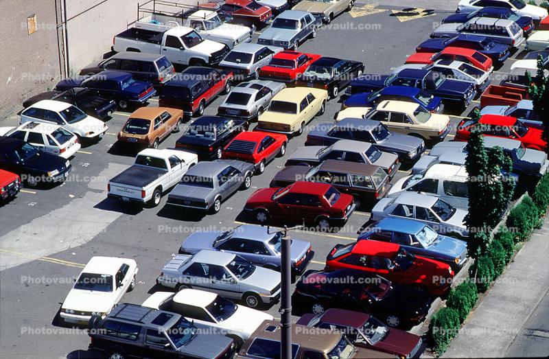 Parking Lot full, parked cars, stalls, automobile, sedan, Portland