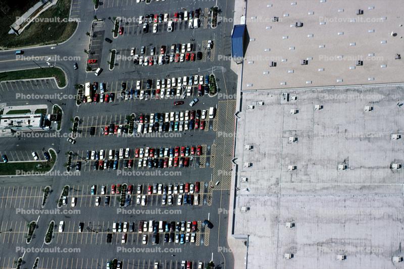 parked cars, stalls, sedan, warehouse roof, Parking Lot, shopping center, mall, buildings