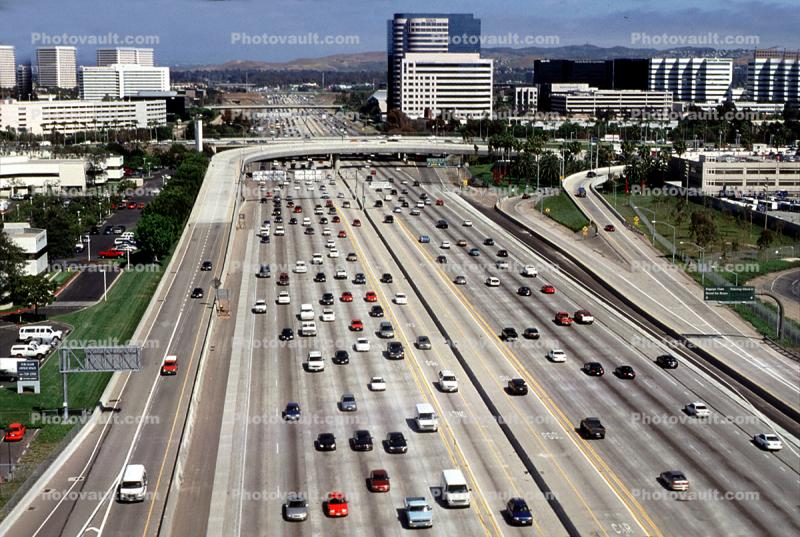 Interstate Highway I-405, Irvine, California, cars, traffic, freeway, buildings, skyline