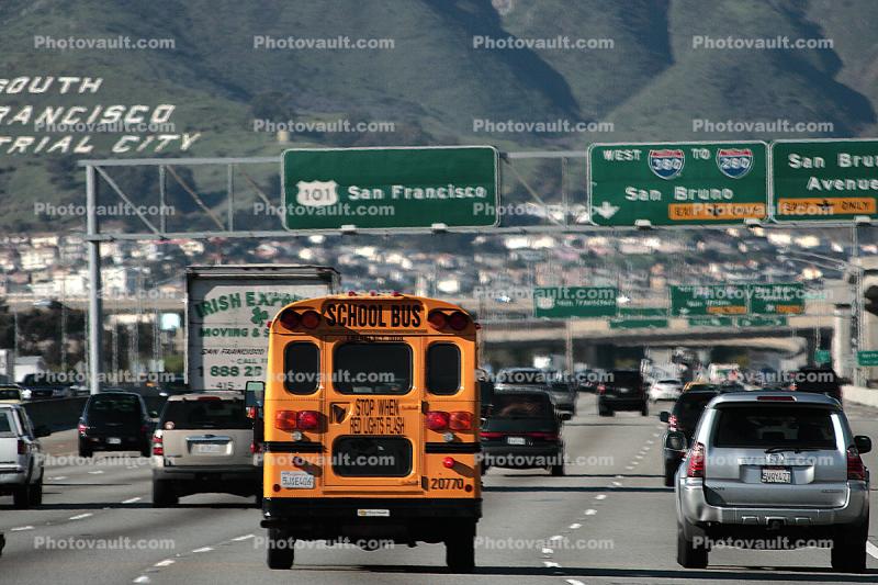 School Bus, Highway 101, San Bruno, San Mateo County, California