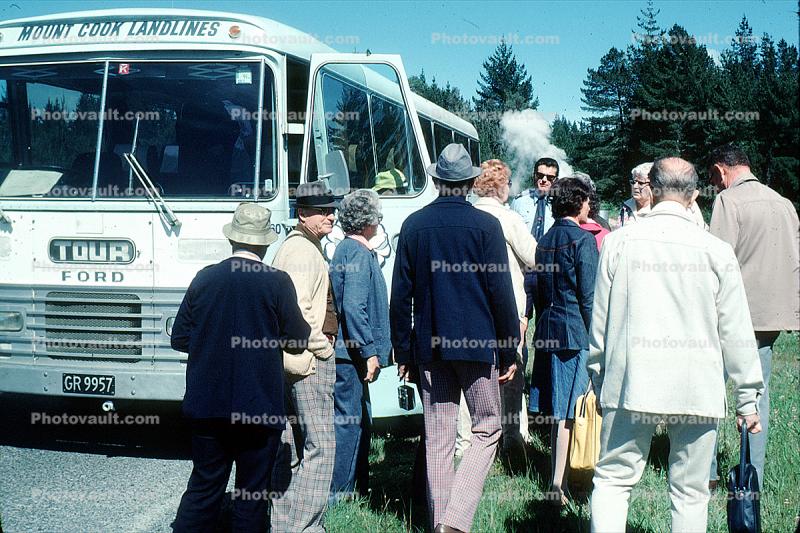 Mount Cook Landlines, Ford Bus, people, tour, passengers, grill