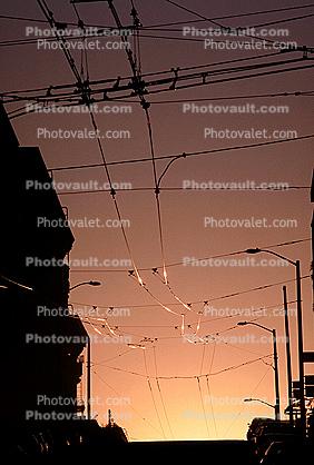 Overhead electric cables, sunset